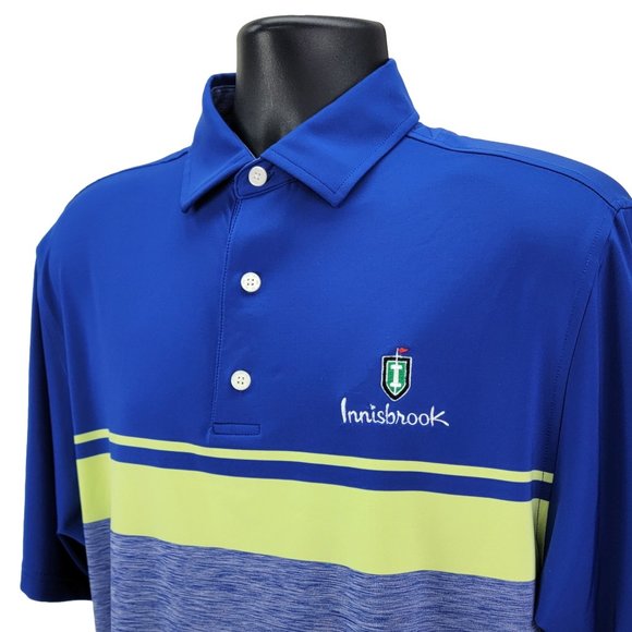 FOOTJOY Polo Shirt Men’s Medium Golf Blue Yellow Stripe Stretch Innisbrook NEW - Picture 4 of 8